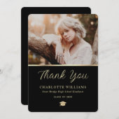 フォトブラック金ゴールドエレガントモダン卒業 サンキューカード (正面/裏面)