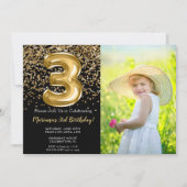 フォトブラック金ゴールドガール3rd誕生日招待状 招待状 (正面)