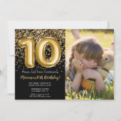 フォトブラック金ゴールドキッズガール10thバースデーパーティー 招待状 (正面)