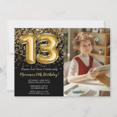 フォトブラック金ゴールドキッズガール13thバースデーパーティー 招待状 (正面)