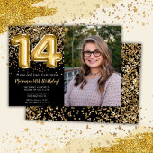 フォトブラック金ゴールドキッズガール14thバースデーパーティー 招待状
