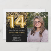フォトブラック金ゴールドキッズガール14thバースデーパーティー 招待状 (正面)