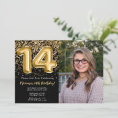 フォトブラック金ゴールドキッズガール14thバースデーパーティー 招待状 (スタンド正面)