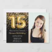 フォトブラック金ゴールドキッズガール15thバースデーパーティー 招待状 (正面)