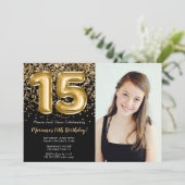 フォトブラック金ゴールドキッズガール15thバースデーパーティー 招待状 (スタンド正面)
