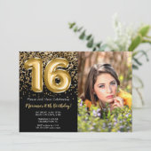 フォトブラック金ゴールドキッズガール16thバースデーパーティー 招待状 (スタンド正面)