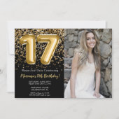 フォトブラック金ゴールドキッズガール17thバースデーパーティー 招待状 (正面)