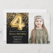 フォトブラック金ゴールドキッズガール4th誕生日パーティー 招待状 (正面)