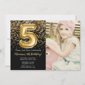 フォトブラック金ゴールドキッズガール5thバースデーパーティー 招待状 (正面)