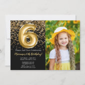 フォトブラック金ゴールドキッズガール6thバースデーパーティー 招待状 (正面)