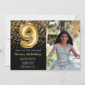 フォトブラック金ゴールドキッズガール9thバースデーパーティー 招待状 (正面)