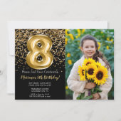 フォトブラック金ゴールドキッズ8th誕生日パーティー 招待状 (正面)