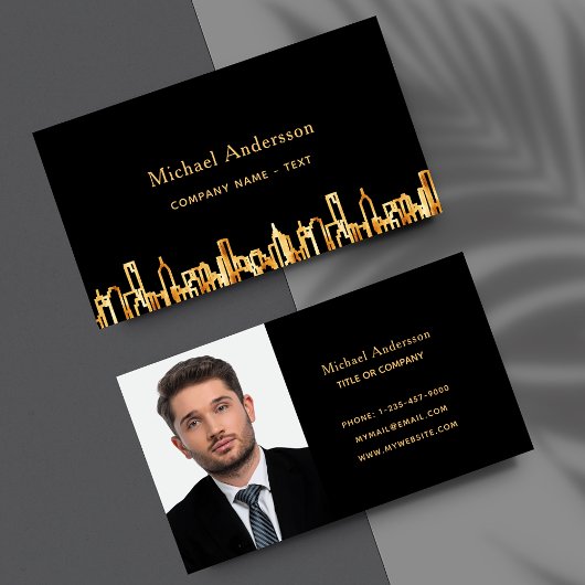 フォトブラック金ゴールドシティのスカイライン実在ビジネスエステート 名刺