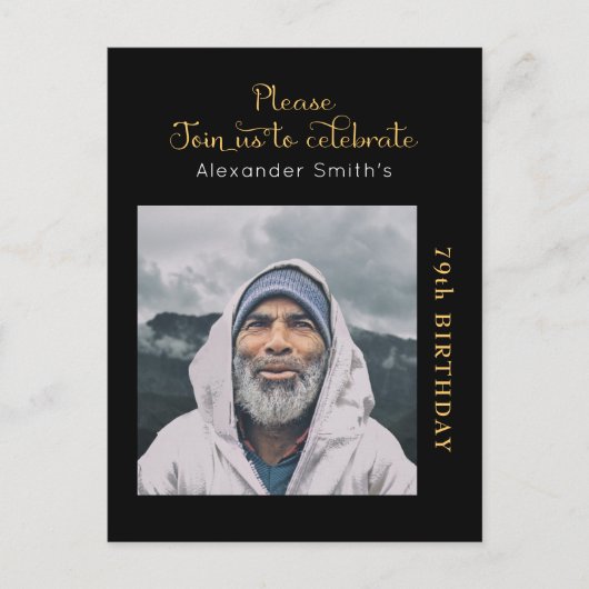 フォトブラック金ゴールドスクリプト誕生日 インビテーションポストカード (正面)