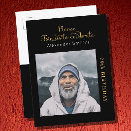 フォトブラック金ゴールドスクリプト誕生日 インビテーションポストカード