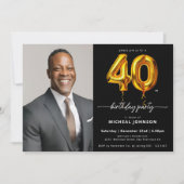 フォトブラック金ゴールドバルーン40歳の誕生日 招待状 (正面)