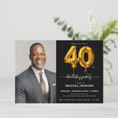 フォトブラック金ゴールドバルーン40歳の誕生日 招待状 (スタンド正面)