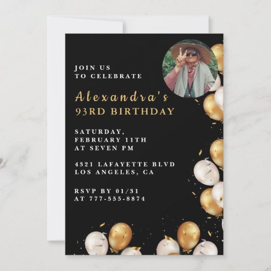 フォトブラック金ゴールドバルーン93歳 招待状 (正面)