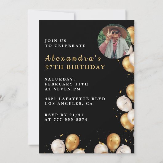 フォトブラック金ゴールドバルーン97歳 招待状 (正面)