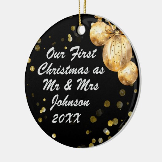 フォトブラック金ゴールド初めてのクリスマスミセス セラミックオーナメント (左)