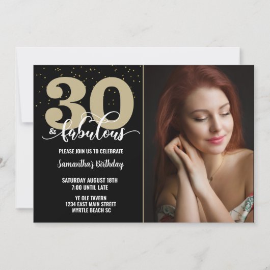 フォトブラック金ゴールド30素敵な誕生日パーティー 招待状 (正面)
