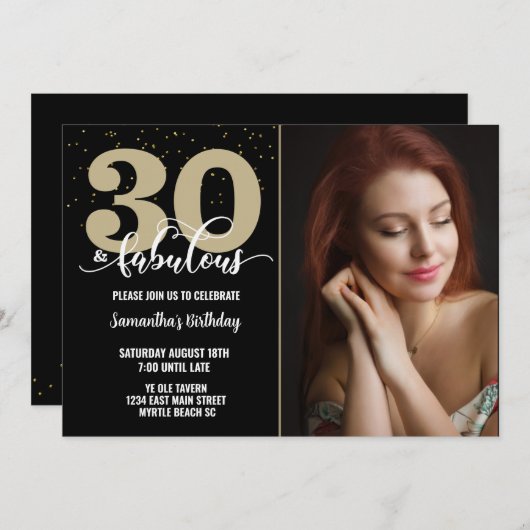 フォトブラック金ゴールド30素敵な誕生日パーティー 招待状 (正面/裏面)
