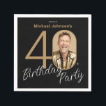 フォトブラック金ゴールド40th Birthday スタンダードカクテルナプキン<br><div class="desc">フォトブラック金ゴールド40th Birthday Napkins.控えめなエレガンスとシックなミニマリズムを象徴する招待デザインで、あなたのマイルストーンのお祝いを高める。私たちの黒と金ゴールドのテーマは洗練され、あなたの特別な日のための洗練された雰囲気を作成する。カスタム写真機能はパーソナライズされたtouchを追加し、それぞれの招待が大切な思い出ユニークであることを保証する。デザインのシンプルさは全体的な魅力を高めはっきりした、クリーンなラインと黒と金ゴールドのアクセントのテイストなブレンドを通して声明を作る。すべての詳細がシンプルで見つかった美しいを反映するように慎重にキュレーションされ、大事な行事そのものと同じくらい時間のない思い出を作成するお祝いに参加しよう。</div>