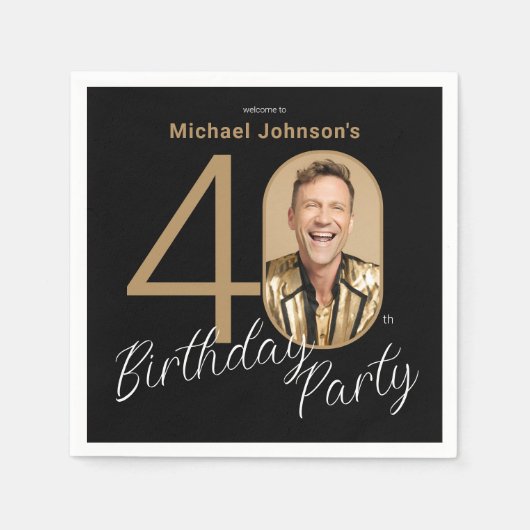 フォトブラック金ゴールド40th Birthday スタンダードカクテルナプキン (正面)