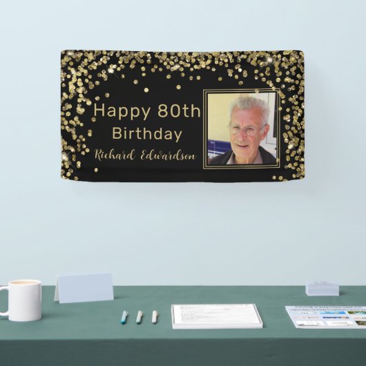 フォトブラック金ゴールド80誕生日 パーソナライズされた 横断幕 (トレードショー)