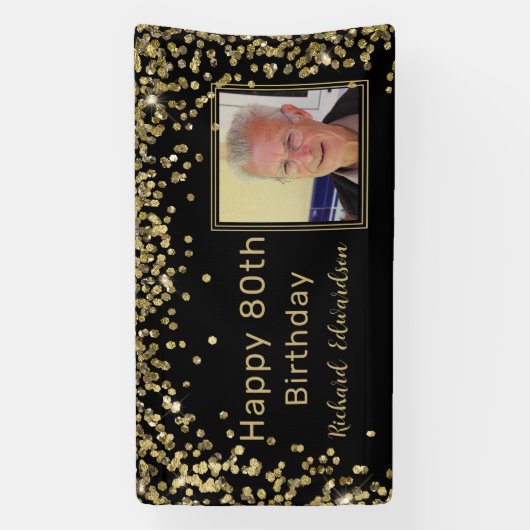 フォトブラック金ゴールド80誕生日 パーソナライズされた 横断幕 (縦)