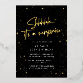 フォトブラック&モダン金ゴールドサプライズ誕生日パーティー 箔招待状 (正面)