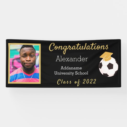 フォトブラック&金ゴールドおめでとうグラッドサッカーボール 横断幕 (横)