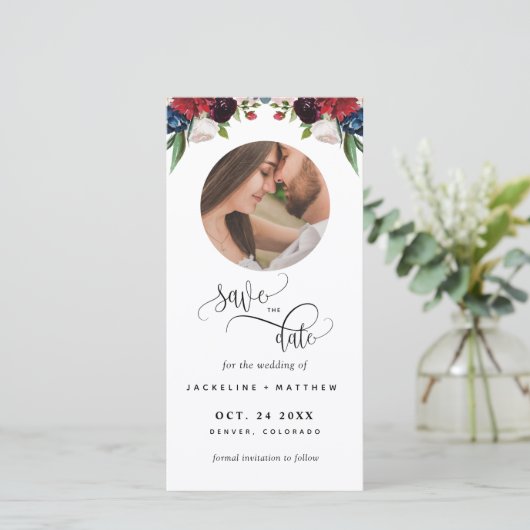 フォトブルゴーニュのブルーウェディング日付ブックマークを保存 (スタンド正面)