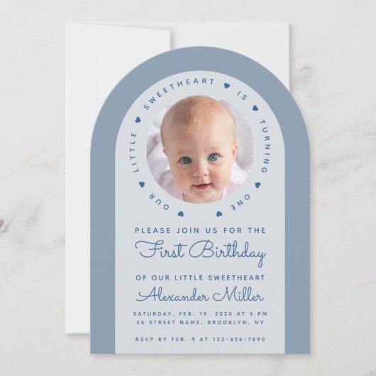 フォトブルーアーチウリトルスウィートアート誕生日 招待状 (正面)