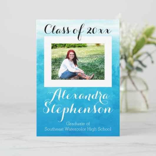 フォトブルーウォーターカラー高校卒業/パーティー 招待状 (スタンド正面)