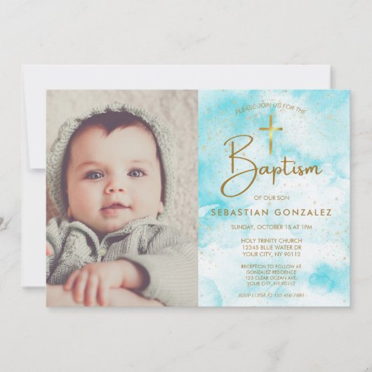 フォトブルーエレガントウォーター色金ゴールドクロスバプテスマ 招待状 (正面)