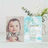 フォトブルーエレガントウォーター色金ゴールドクロスバプテスマ 招待状 (スタンド正面)