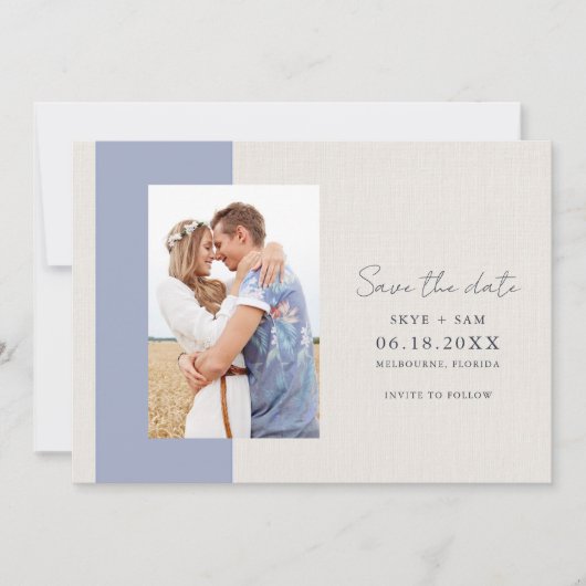 フォトブルーエレガントビーチ結婚式 セーブザデート (正面)