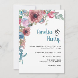 フォトブルーエレガントピンク水彩フローラ結婚ズ 招待状