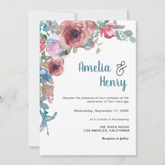 フォトブルーエレガントピンク水彩フローラ結婚ズ 招待状 (正面)