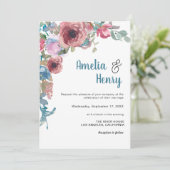 フォトブルーエレガントピンク水彩フローラ結婚ズ 招待状 (スタンド正面)