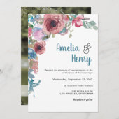 フォトブルーエレガントピンク水彩フローラ結婚ズ 招待状 (正面/裏面)