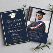 フォトブルーエレガント卒業式パーティー金ゴールド 箔招待状