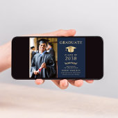 フォトブルーエレガント金ゴールド大学の卒業パーティー 招待状