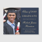 フォトブルーエレガント金ゴールド大学の卒業 マグネット招待状 (正面)