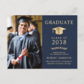 フォトブルーエレガント金ゴールド大学の卒業 案内ポストカード (正面)