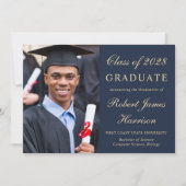 フォトブルーエレガント金ゴールド大学の卒業 案内状 (正面)