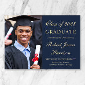 フォトブルーエレガント金ゴールド大学の卒業 案内状