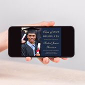 フォトブルーエレガント金ゴールド大学の卒業 案内状