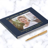 フォトブルーエレガント金ゴールド記念葬式 ゲストブック